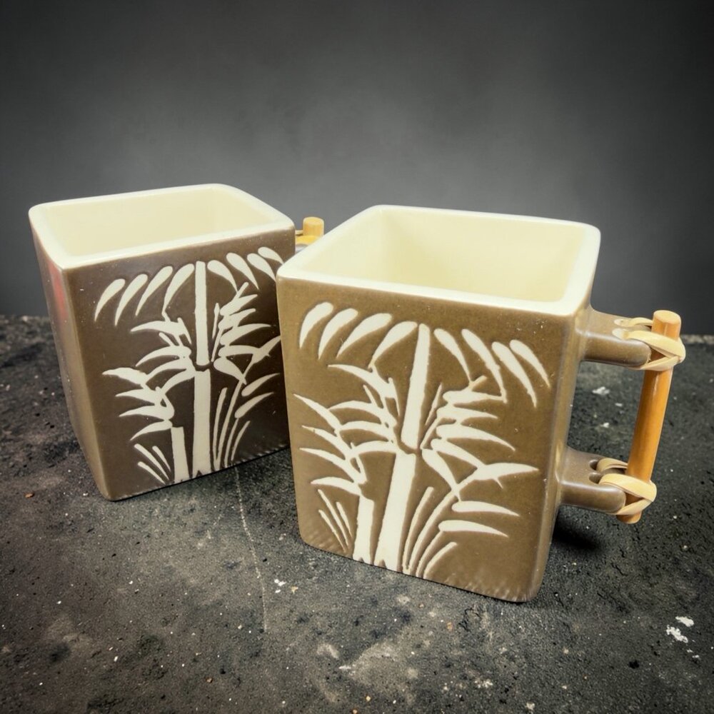 Global Home Vietnam Zazen Stoneware Bamboo Pattern Cups Mugs Set 2 Ceramic VTG